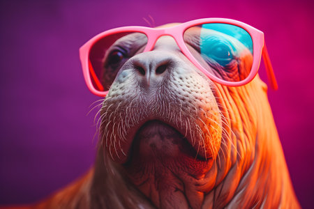 Funny walrus wearing sunglasses in studio with a colorful and bright background. Created with generative AIの素材