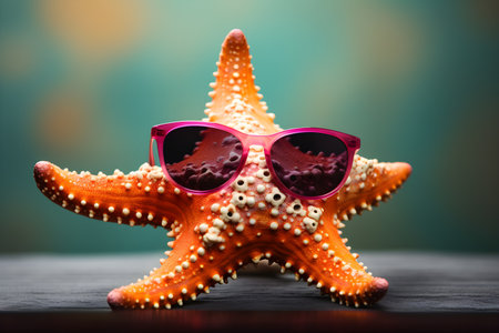Funny starfish wearing sunglasses in studio with a colorful and bright background. Created with generative AIの素材
