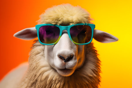 Funny sheep wearing sunglasses in studio with a colorful and bright background. Created with generative AIの素材