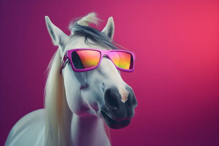 Funny white horse wearing sunglasses in studio with a colorful and bright background. Created with generative AIの素材