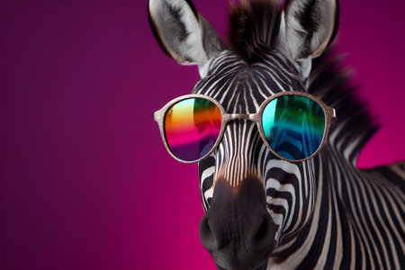 Funny zebra wearing sunglasses in studio with a colorful and bright background. Created with generative AIの素材