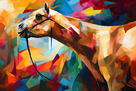 A beautiful camel, modern artwork, abstract colorful painting with geometric shapes. Hand drawn digital painting. Created with generative AIの素材