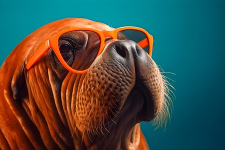 Funny walrus wearing sunglasses in studio with a colorful and bright background. Created with generative AIの素材