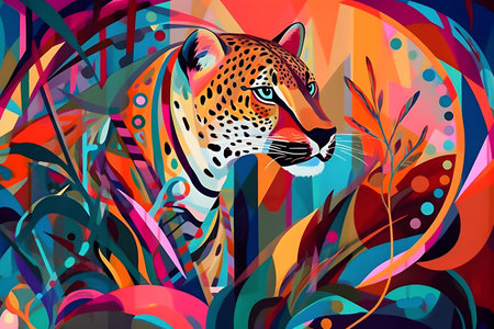 A beautiful cheetah, modern artwork, abstract colorful painting with geometric shapes. Hand drawn digital painting. Created with generative AIの素材