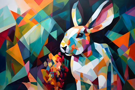 A beautiful rabbit, modern artwork, abstract colorful painting with geometric shapes. Hand drawn digital painting. Created with generative AIの素材