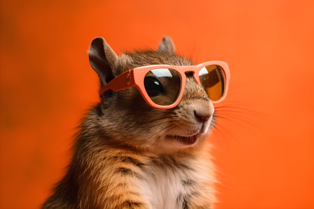 Funny squirrel wearing sunglasses in studio with a colorful and bright background. Created with generative AIの素材