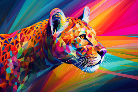 A beautiful cheetah, modern artwork, abstract colorful painting with geometric shapes. Hand drawn digital painting. Created with generative AIの素材