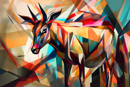 A beautiful antelope, modern artwork, abstract colorful painting with geometric shapes. Hand drawn digital painting. Created with generative AIの素材