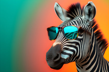 Funny zebra wearing sunglasses in studio with a colorful and bright background. Created with generative AIの素材