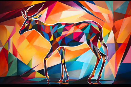 A beautiful antelope, modern artwork, abstract colorful painting with geometric shapes. Hand drawn digital painting. Created with generative AIの素材