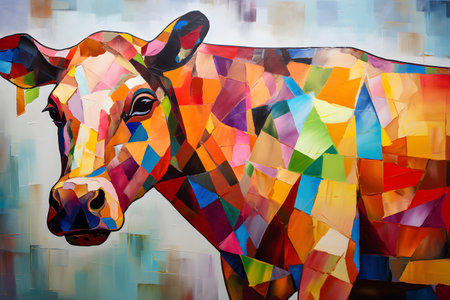 A beautiful cow, modern artwork, abstract colorful painting with geometric shapes. Hand drawn digital painting. Created with generative AIの素材