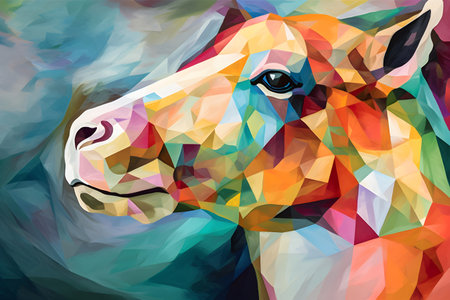 A beautiful alpaca, modern artwork, abstract colorful painting with geometric shapes. Hand drawn digital painting. Created with generative AIの素材