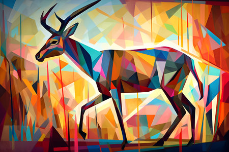 A beautiful antelope, modern artwork, abstract colorful painting with geometric shapes. Hand drawn digital painting. Created with generative AIの素材