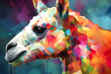 A beautiful alpaca, modern artwork, abstract colorful painting with geometric shapes. Hand drawn digital painting. Created with generative AIの素材