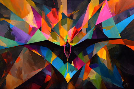 A beautiful bat, modern artwork, abstract colorful painting with geometric shapes. Hand drawn digital painting. Created with generative AIの素材