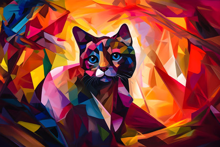 A beautiful cat, modern artwork, abstract colorful painting with geometric shapes. Hand drawn digital painting. Created with generative AIの素材
