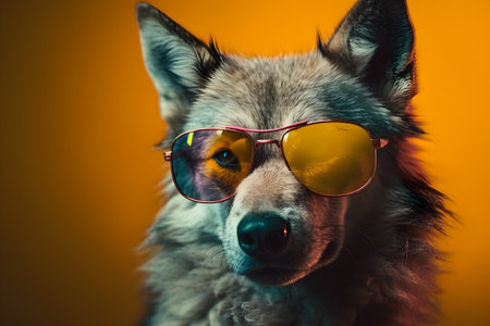 Funny wolf wearing sunglasses in studio with a colorful and bright background. Created with generative AIの素材