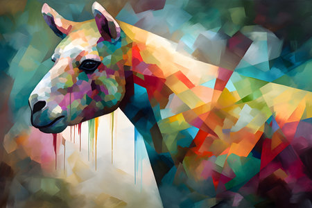A beautiful alpaca, modern artwork, abstract colorful painting with geometric shapes. Hand drawn digital painting. Created with generative AIの素材