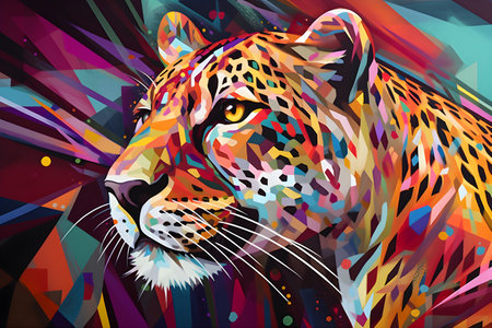 A beautiful cheetah, modern artwork, abstract colorful painting with geometric shapes. Hand drawn digital painting. Created with generative AIの素材