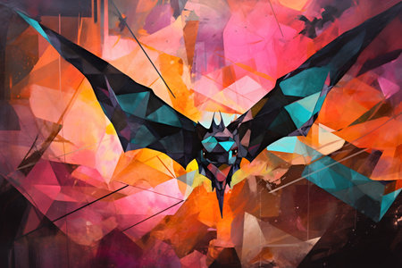 A beautiful bat, modern artwork, abstract colorful painting with geometric shapes. Hand drawn digital painting. Created with generative AIの素材