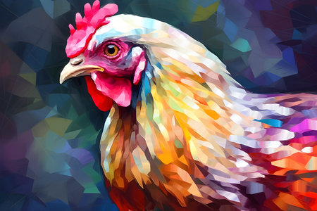 A beautiful chicken, modern artwork, abstract colorful painting with geometric shapes. Hand drawn digital painting. Created with generative AIの素材