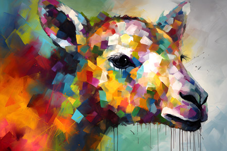 A beautiful alpaca, modern artwork, abstract colorful painting with geometric shapes. Hand drawn digital painting. Created with generative AIの素材