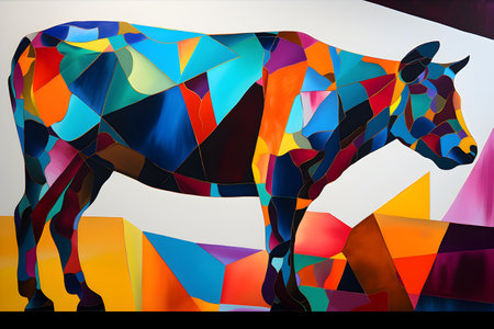 A beautiful cow, modern artwork, abstract colorful painting with geometric shapes. Hand drawn digital painting. Created with generative AIの素材