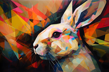 A beautiful rabbit, modern artwork, abstract colorful painting with geometric shapes. Hand drawn digital painting. Created with generative AIの素材