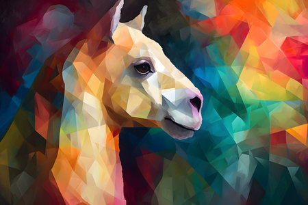 A beautiful alpaca, modern artwork, abstract colorful painting with geometric shapes. Hand drawn digital painting. Created with generative AIの素材