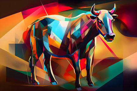 A beautiful bull, modern artwork, abstract colorful painting with geometric shapes. Hand drawn digital painting. Created with generative AIの素材