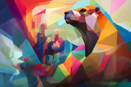 A beautiful bear, modern artwork, abstract colorful painting with geometric shapes. Hand drawn digital painting. Created with generative AIの素材