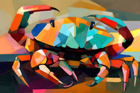 A beautiful crab, modern artwork, abstract colorful painting with geometric shapes. Hand drawn digital painting. Created with generative AIの素材