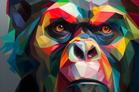 A beautiful chimpanzee, modern artwork, abstract colorful painting with geometric shapes. Hand drawn digital painting. Created with generative AIの素材