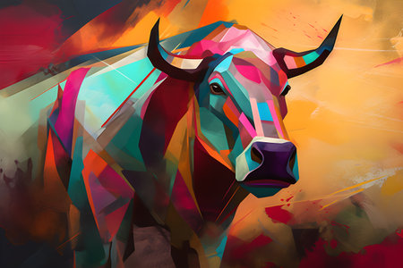 A beautiful bull, modern artwork, abstract colorful painting with geometric shapes. Hand drawn digital painting. Created with generative AIの素材