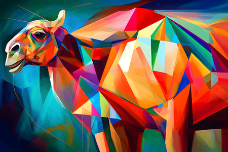 A beautiful camel, modern artwork, abstract colorful painting with geometric shapes. Hand drawn digital painting. Created with generative AIの素材
