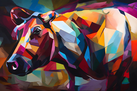 A beautiful cow, modern artwork, abstract colorful painting with geometric shapes. Hand drawn digital painting. Created with generative AIの素材