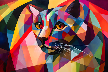 A beautiful cat, modern artwork, abstract colorful painting with geometric shapes. Hand drawn digital painting. Created with generative AIの素材