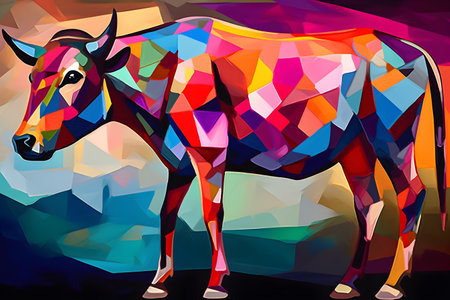A beautiful cow, modern artwork, abstract colorful painting with geometric shapes. Hand drawn digital painting. Created with generative AIの素材
