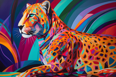 A beautiful cheetah, modern artwork, abstract colorful painting with geometric shapes. Hand drawn digital painting. Created with generative AIの素材
