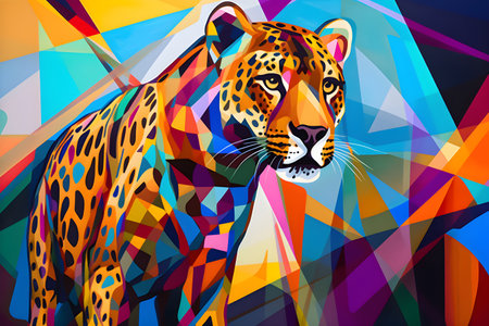 A beautiful cheetah, modern artwork, abstract colorful painting with geometric shapes. Hand drawn digital painting. Created with generative AIの素材