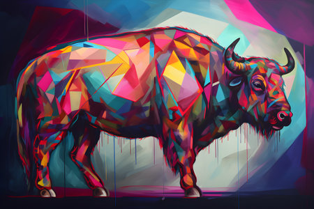 A beautiful bison, modern artwork, abstract colorful painting with geometric shapes. Hand drawn digital painting. Created with generative AIの素材