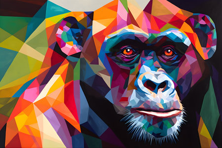 A beautiful chimpanzee, modern artwork, abstract colorful painting with geometric shapes. Hand drawn digital painting. Created with generative AIの素材