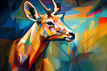 A beautiful antelope, modern artwork, abstract colorful painting with geometric shapes. Hand drawn digital painting. Created with generative AIの素材
