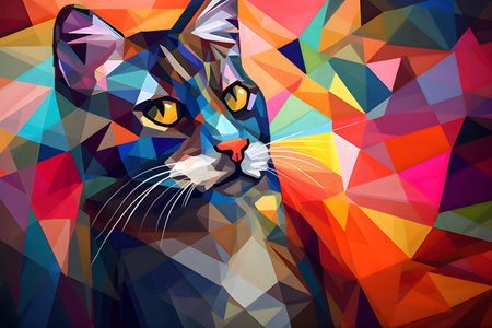 A beautiful cat, modern artwork, abstract colorful painting with geometric shapes. Hand drawn digital painting. Created with generative AIの素材