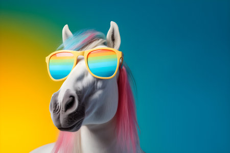 Funny white horse wearing sunglasses in studio with a colorful and bright background. Created with generative AIの素材