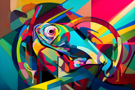 A beautiful chameleon, modern artwork, abstract colorful painting with geometric shapes. Hand drawn digital painting. Created with generative AIの素材