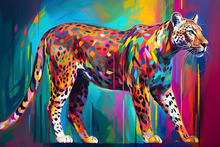 A beautiful cheetah, modern artwork, abstract colorful painting with geometric shapes. Hand drawn digital painting. Created with generative AIの素材