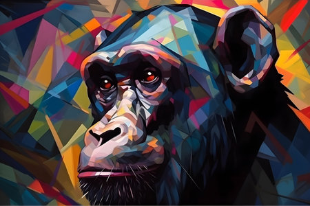 A beautiful chimpanzee, modern artwork, abstract colorful painting with geometric shapes. Hand drawn digital painting. Created with generative AIの素材