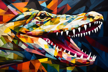 A beautiful crocodile, modern artwork, abstract colorful painting with geometric shapes. Hand drawn digital painting. Created with generative AIの素材