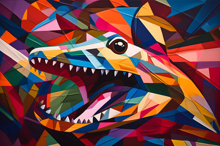 A beautiful crocodile, modern artwork, abstract colorful painting with geometric shapes. Hand drawn digital painting. Created with generative AIの素材